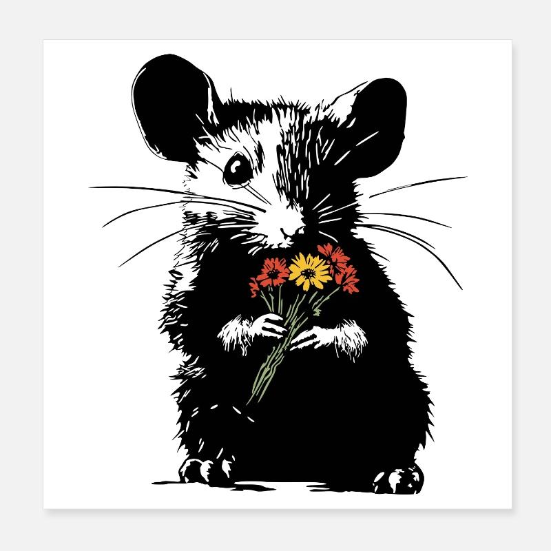 Maus mit bunten Blumenstrauß - Stencil Love Poster 20x20 cm