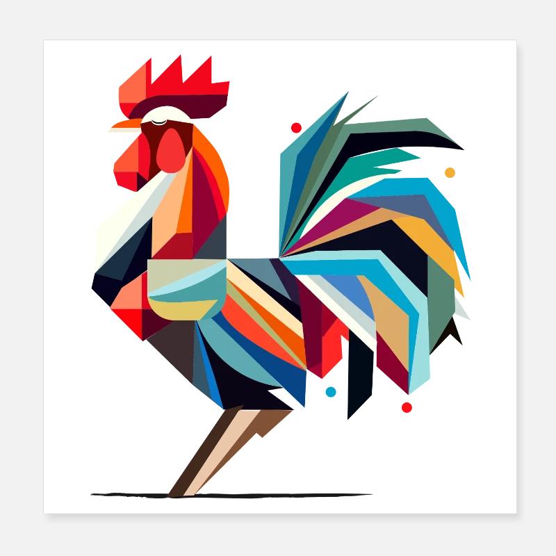 Colorful Geometric Rooster in Polygon Style Poster 8" x 8" (20x20 cm)