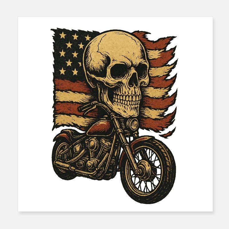 Moto skeleton devant le drapeau américain Poster 20 x 20 cm