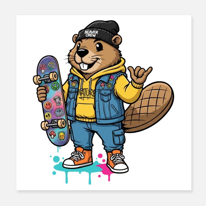 Beaver Skateboarder Crew Poster 8" x 8" (20x20 cm)