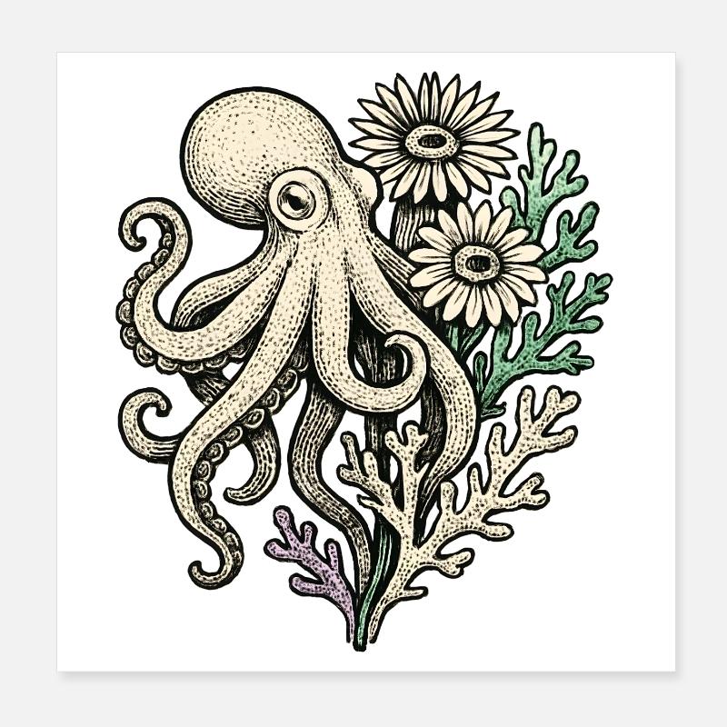 Octopus with coral flowers Poster 8" x 8" (20x20 cm)