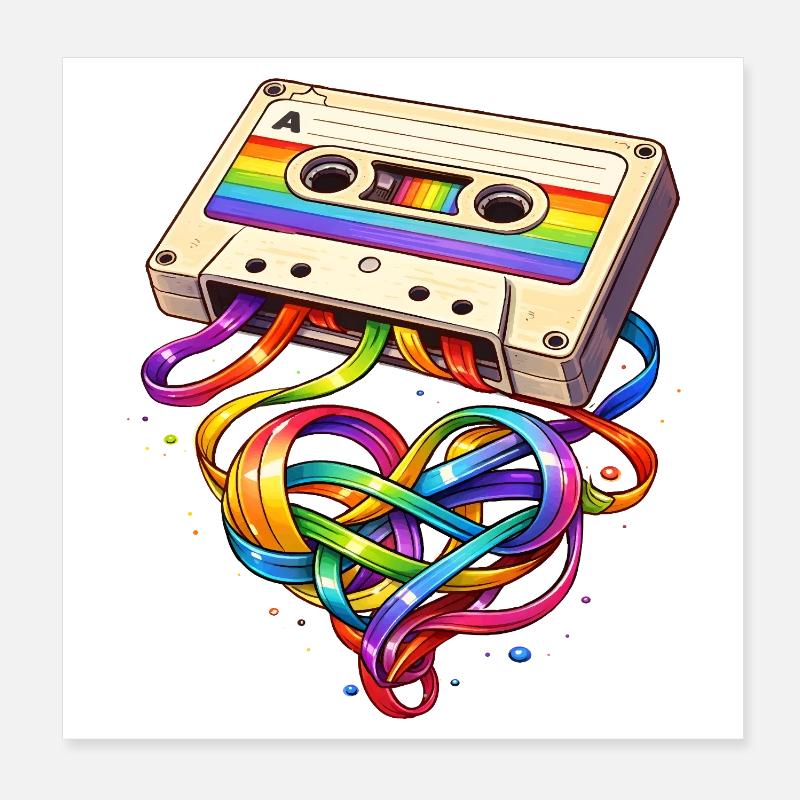 Retro Kassette mit Regenbogen Herzband Poster 20x20 cm