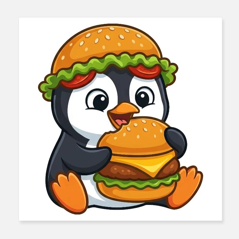Pingouin mignon avec motif de dessin animé de burger Poster 20 x 20 cm