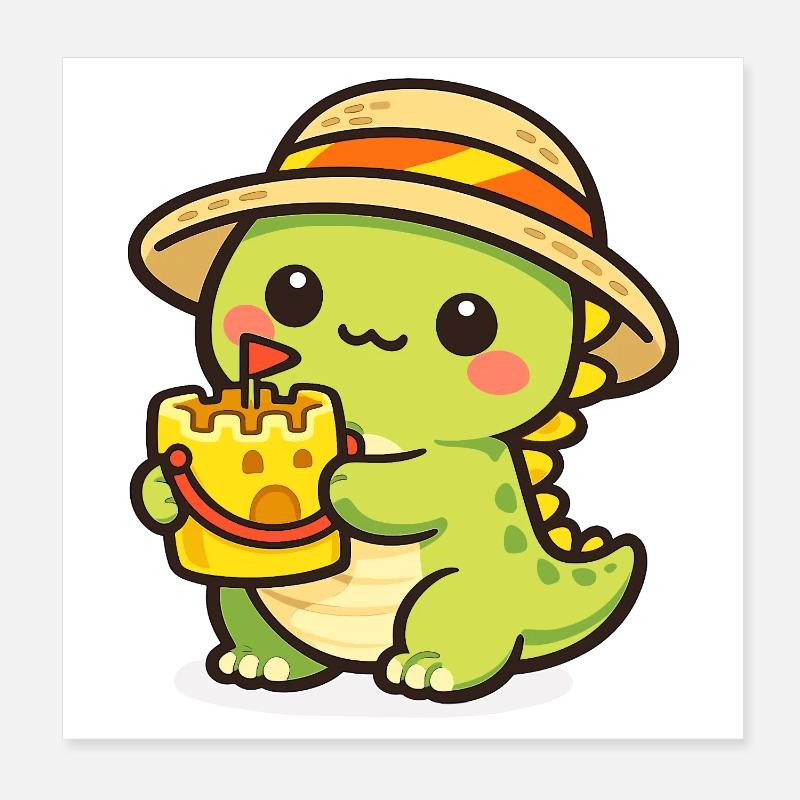 Kawaii Dino mit Kuchenhut Poster 20x20 cm