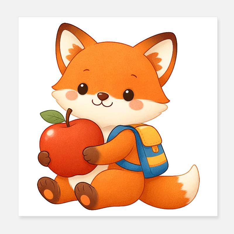 Cuddly fox with apple and backpack Poster 8" x 8" (20x20 cm)