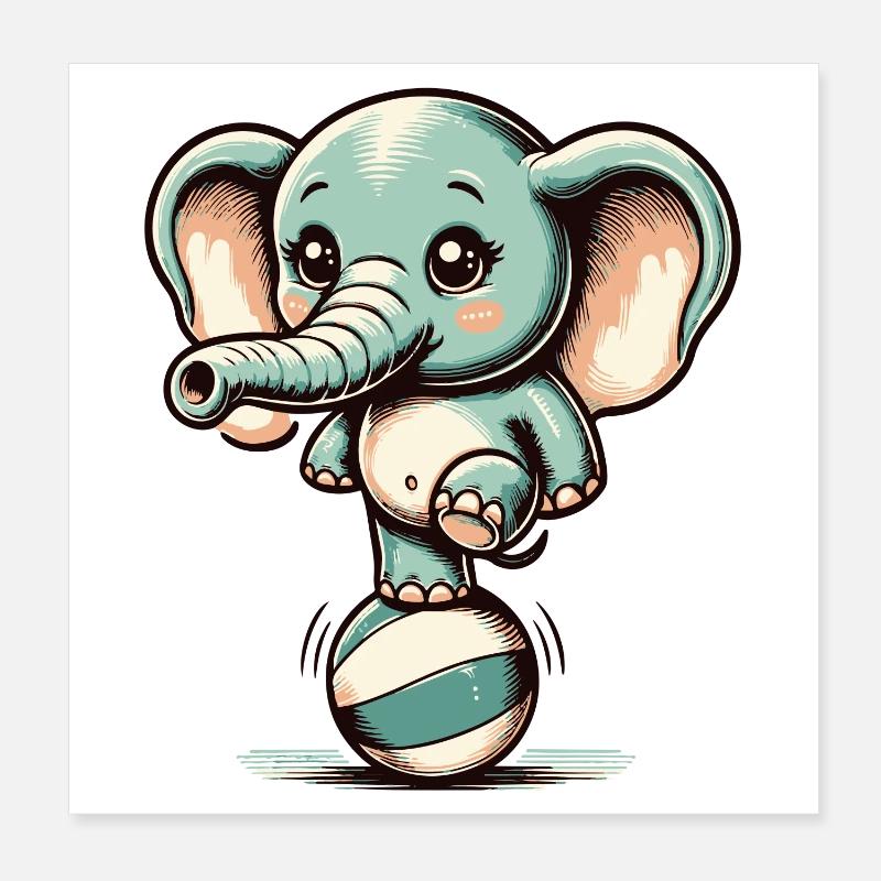 Cute Cartoon Elephant on Exercise Ball Poster 8" x 8" (20x20 cm)