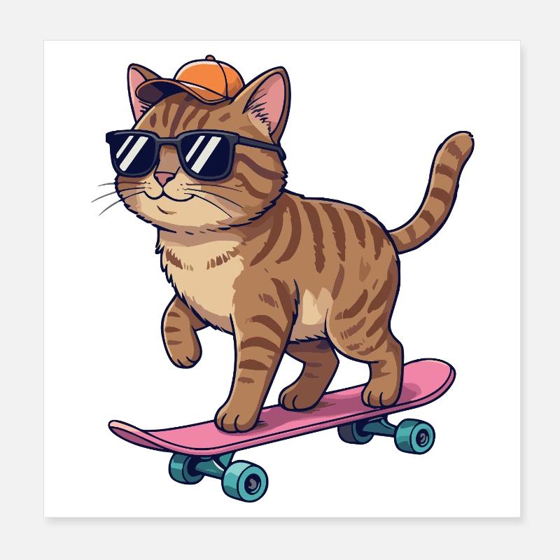 Chat drôle patinant sur un skateboard de dessins animés Poster 20 x 20 cm