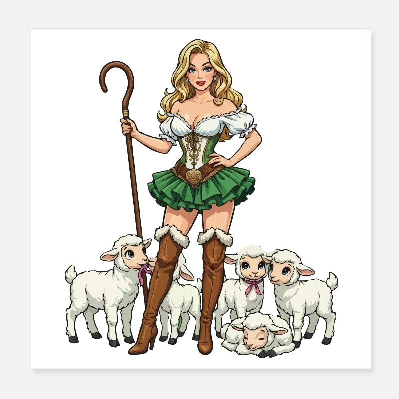Bergere Dirndl et Agneaux Poster 20 x 20 cm