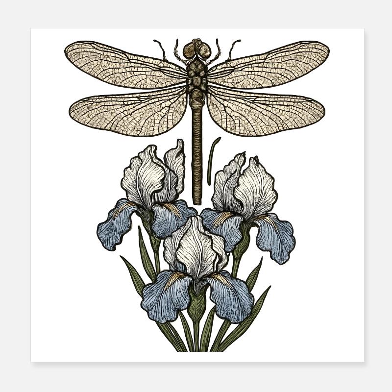 Dragonfly over iris flowers Poster 8" x 8" (20x20 cm)
