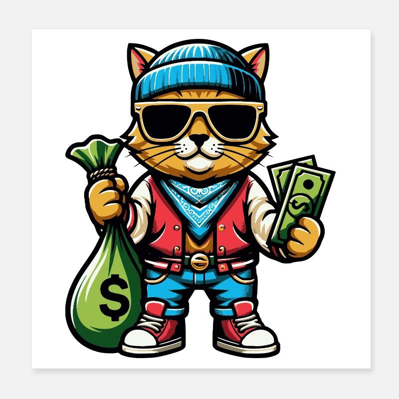 Le chat adore l’argent et les lunettes de soleil Poster 20 x 20 cm
