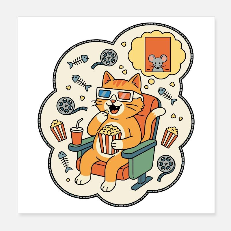 Cat Cinema Popcorn Fun Poster 8" x 8" (20x20 cm)