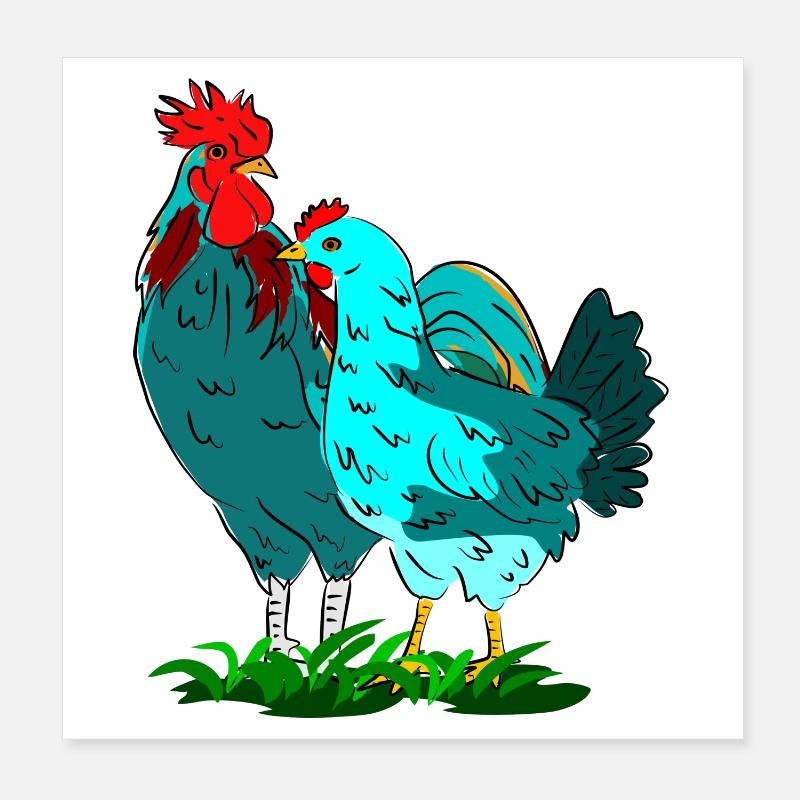 Combinaison colorée de coq et de poulet Poster 20 x 20 cm