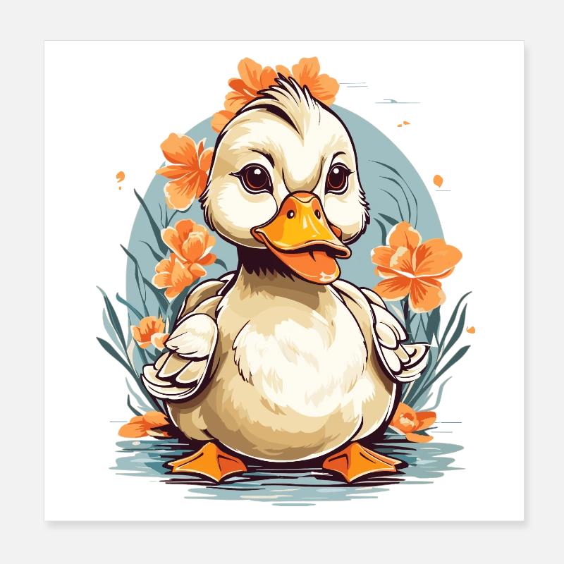 Canard mignon avec des fleurs Poster 20 x 20 cm