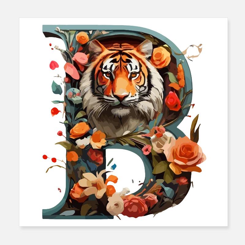 Feuriger Tiger und Blumen Illustration Poster 20x20 cm