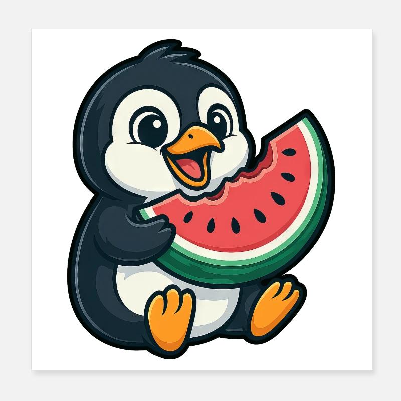 Pinguin mit Wassermelone Sommerfrucht Poster 20x20 cm