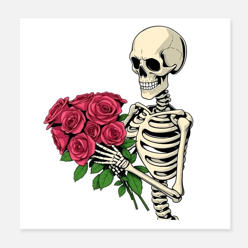 Skelett mit Rosen Poster 20x20 cm