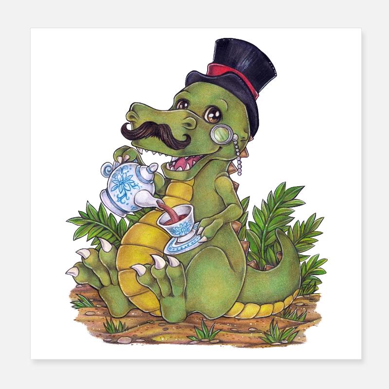 Drôle de jeu de mots Tea Rex Dino dessiné à la main Poster 20 x 20 cm