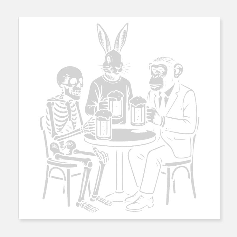 Pub Night Trio: Skeleton Rabbit and monkey Poster 8" x 8" (20x20 cm)