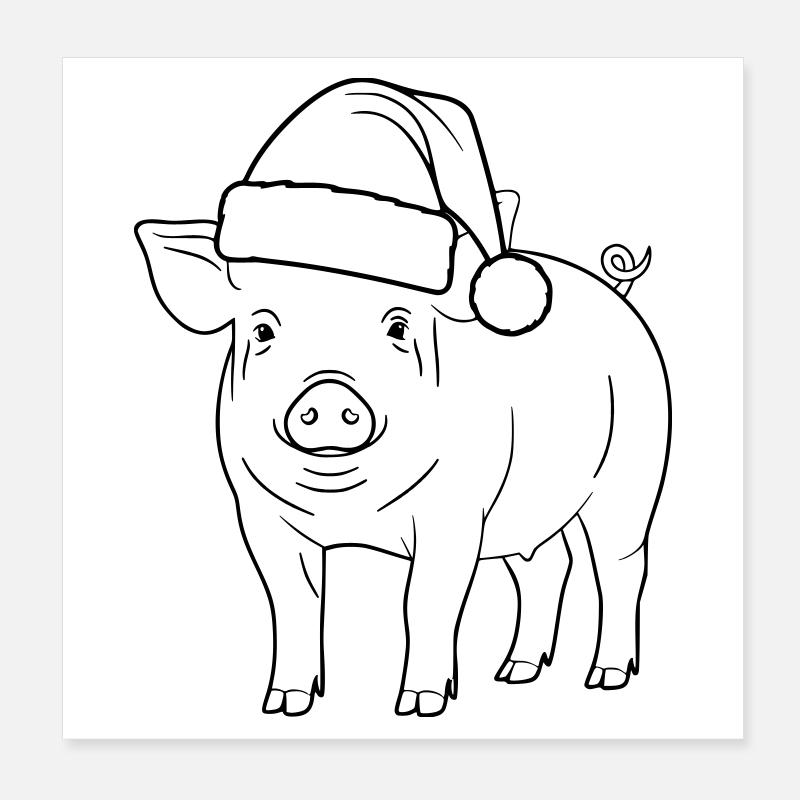 Pig with Santa Hat Illustration Poster 8" x 8" (20x20 cm)