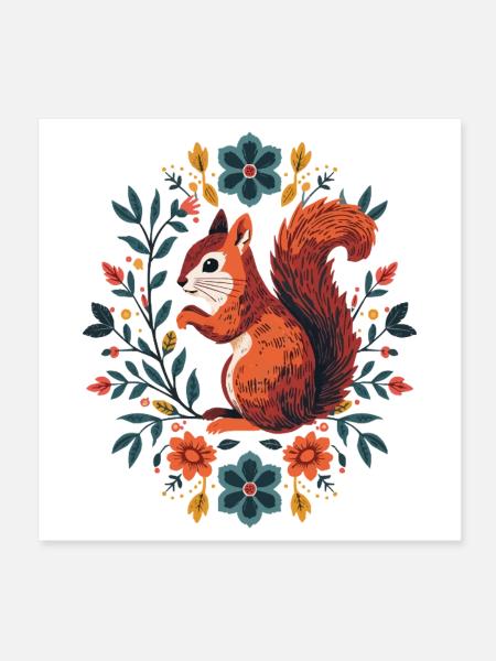 Eichhörnchen im Blumenkranz - Poster 20x20 cm - Weiß