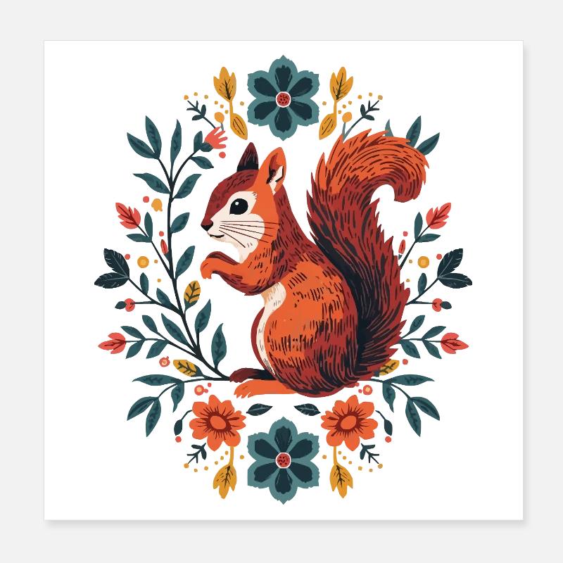 Écureuil dans une couronne de fleurs Poster 20 x 20 cm