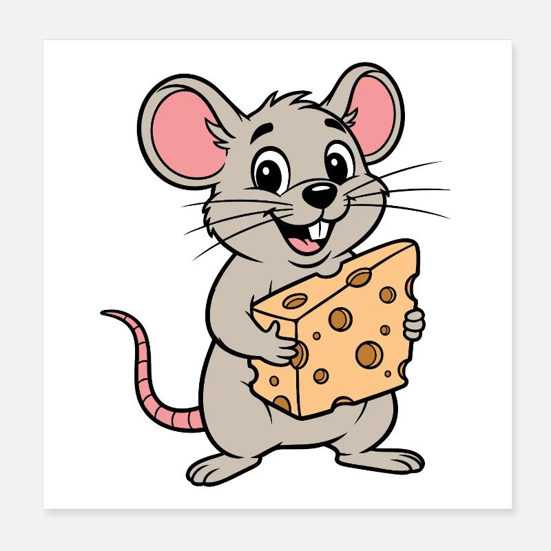 Dessin animé de souris espiègle avec du fromage Poster 20 x 20 cm