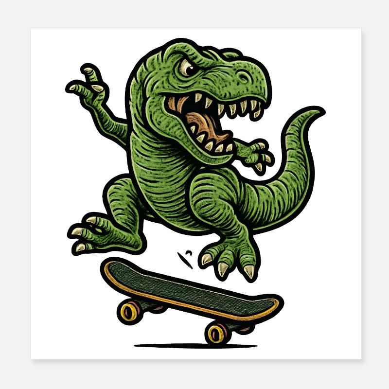 Dino vert sur skateboard Poster 20 x 20 cm