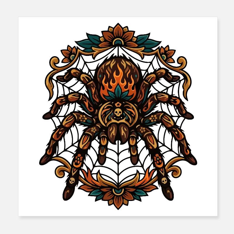 Tarantula Fire Flames Spider Web Pattern Motif Poster 8" x 8" (20x20 cm)