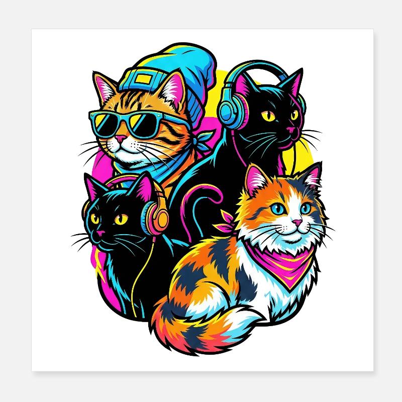 Quatuor de DJs Neon Cats Poster 20 x 20 cm