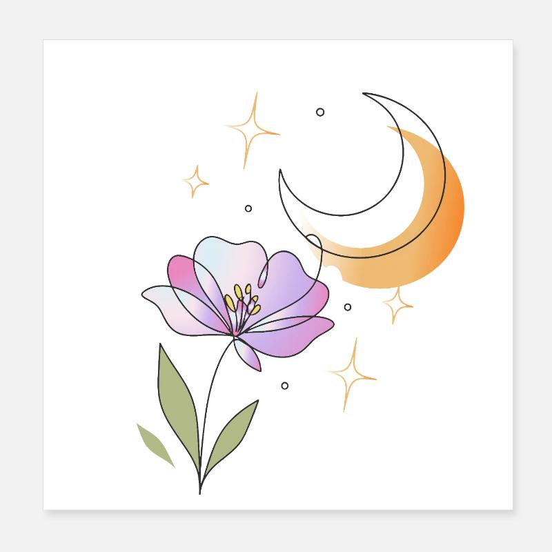 Fleur avec illustration en lignes de lune Poster 20 x 20 cm