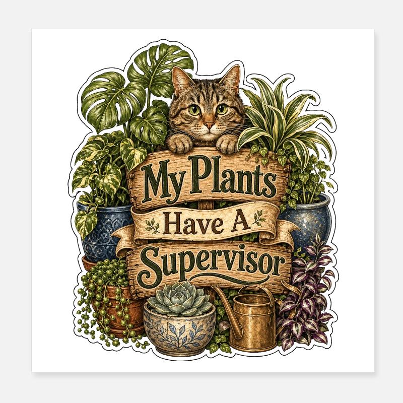 Mes plantes ont un chat superviseur Poster 20 x 20 cm