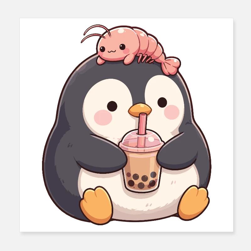 Kawaii Penguin Bubble Tea Boba Crevettes Low Poster 20 x 20 cm