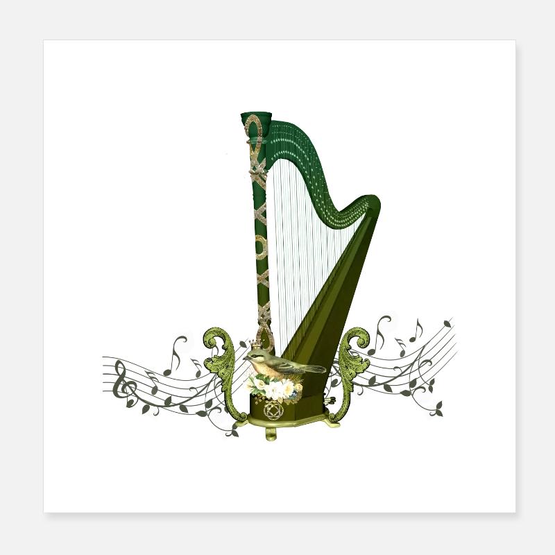Harpe celtique avec noeud celtique et fleurs avec oiseau Poster 20 x 20 cm