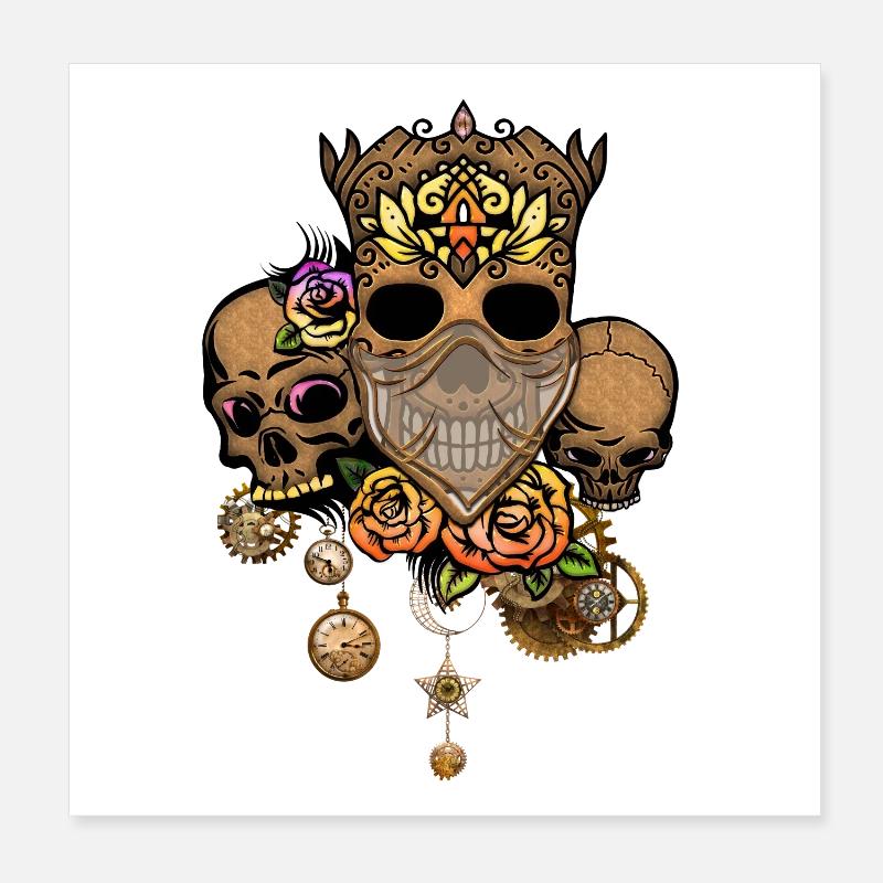 Steampunk Schädel mit Blumen Poster 20x20 cm