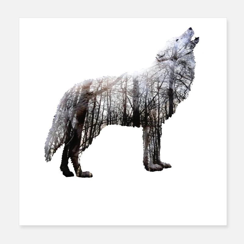 Wolf Forêt Double exposition Nature Poster 20 x 20 cm