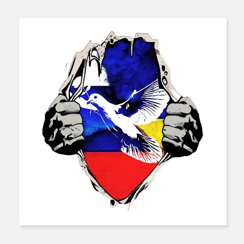 Drapeaux de la Russie de l’Ukraine avec colombe de la paix Poster 20 x 20 cm