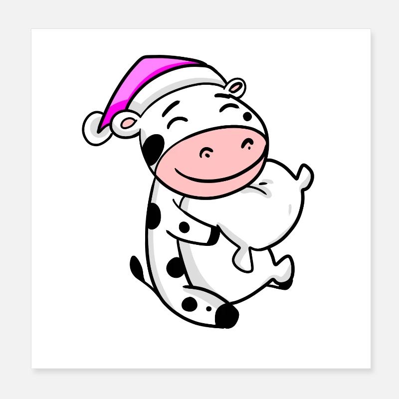 Vache avec oreiller et bonnet de couchage Poster 20 x 20 cm