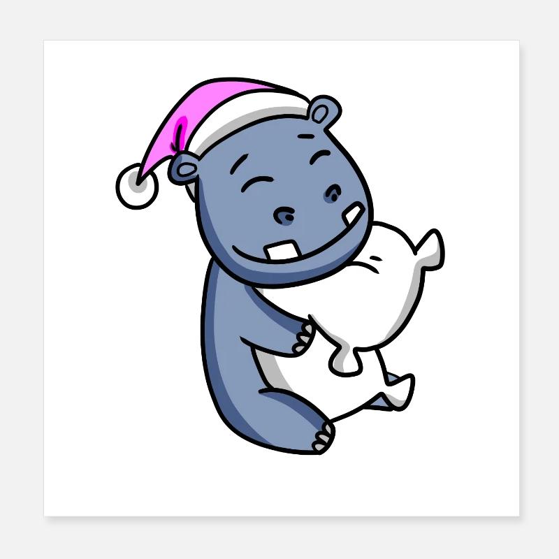 Hippopotame avec oreiller et bonnet de couchage Poster 20 x 20 cm