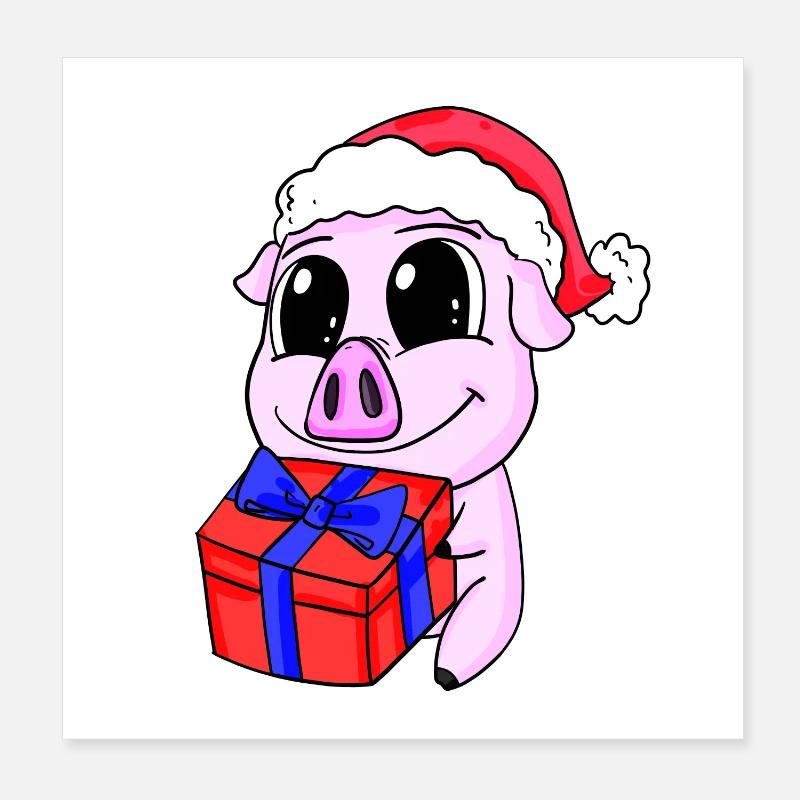 Cute pig with gift - Christmas Poster 8" x 8" (20x20 cm)