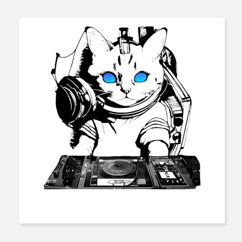 DJ cat avec table de mixage Poster 20 x 20 cm
