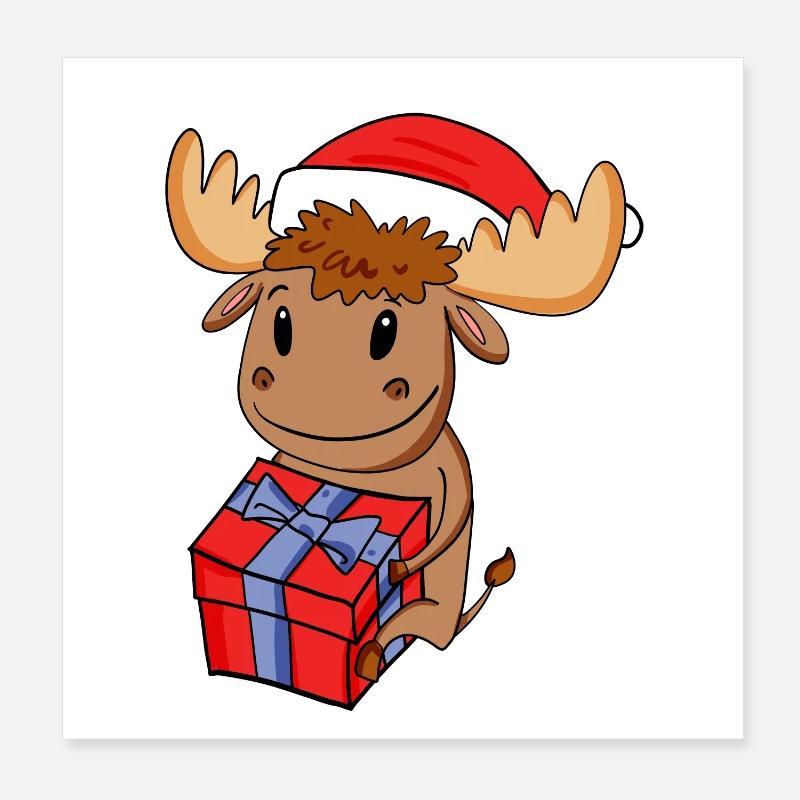 Weihnachten Elch Baby mit Geschenk Poster 20x20 cm