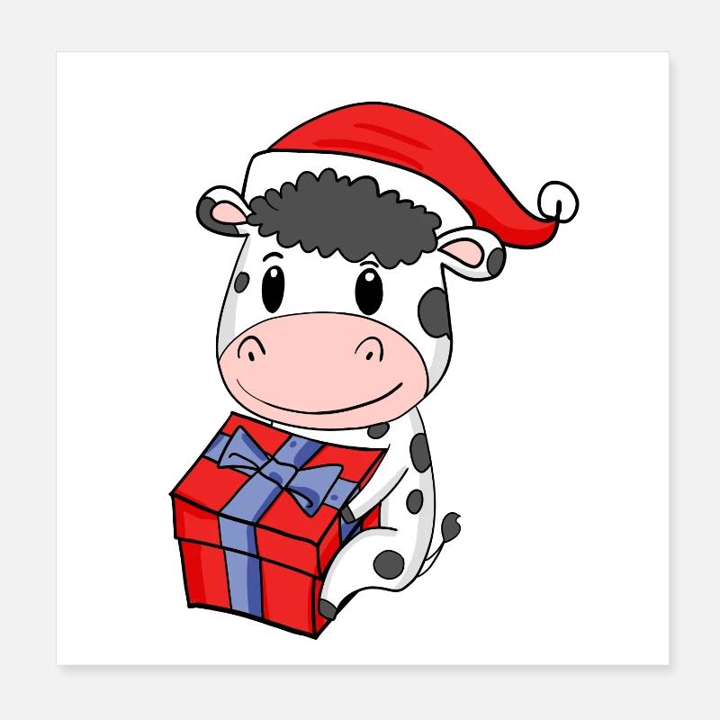 Weihnachten Kuh Baby mit Geschenk Poster 20x20 cm
