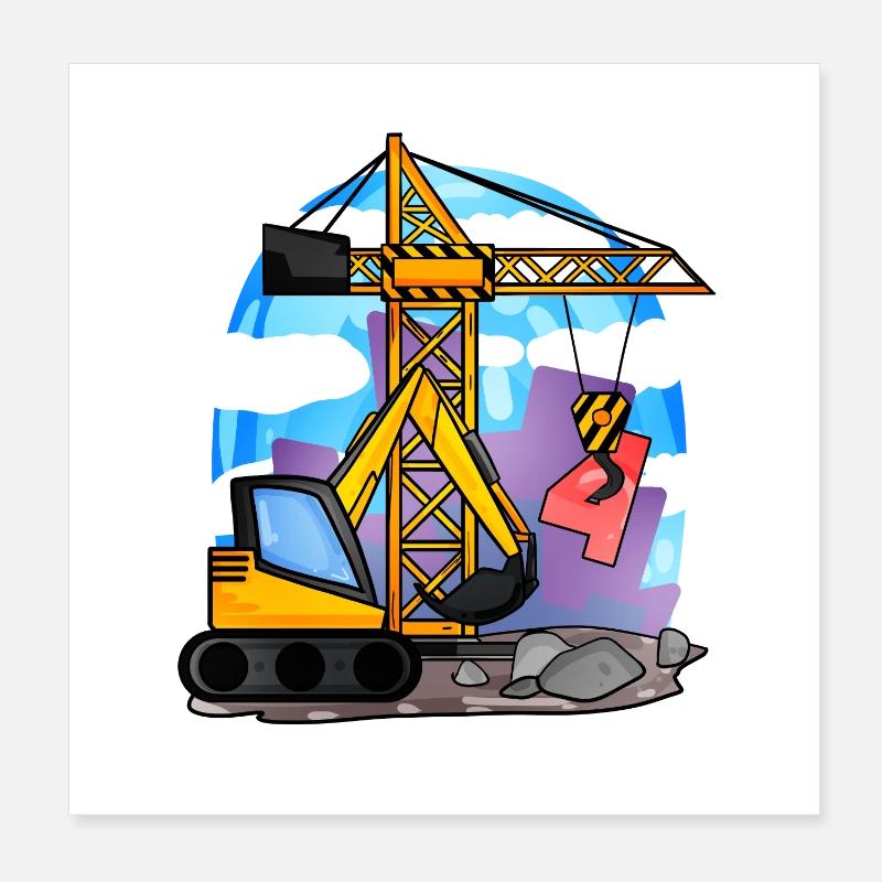 4. Geburtstag 4 Jahre Kran Baustelle Bagger Junge Poster 20x20 cm