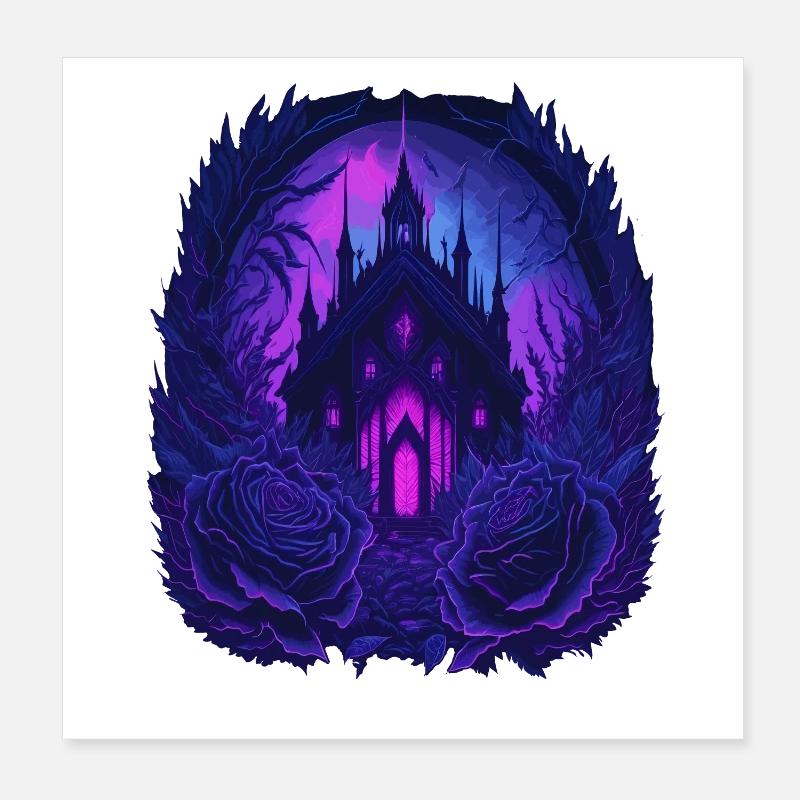 neon gothic gothic castle with roses Poster 8" x 8" (20x20 cm)