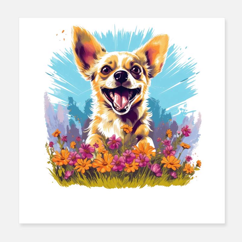 Hund mit Blumen in bunter Aquarellkunst Poster 20x20 cm