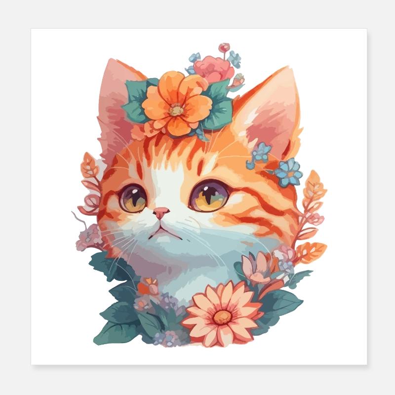 Red cat with flowers Poster 8" x 8" (20x20 cm)