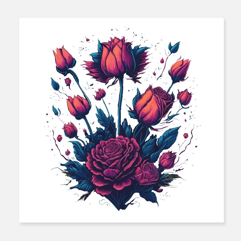 Style de tatouage néon arbuste rose Poster 20 x 20 cm