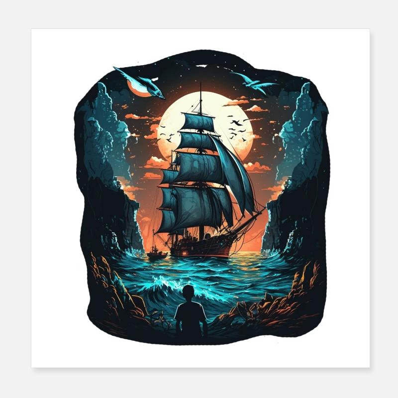 Large sailing ship in the moonlight on the high seas Poster 8" x 8" (20x20 cm)