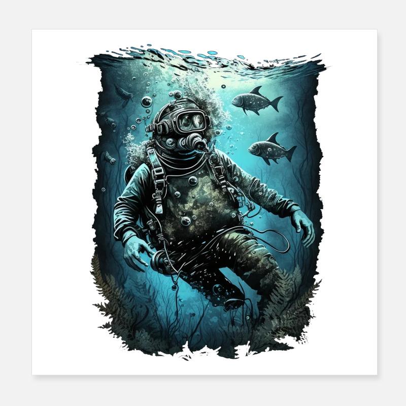 Plongeurs avec poisson Poster 20 x 20 cm
