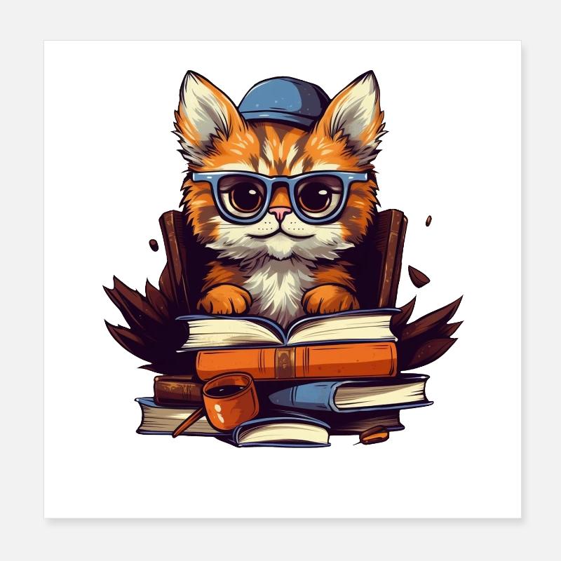 Chat avec beaucoup de livres Poster 20 x 20 cm